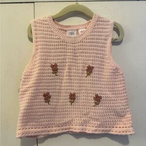 Zara Light Pink Knit Top with Floral Details